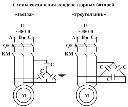 Схема включения конденсаторов для повышения коэффициента мощности электросети с асинхронным двигателем