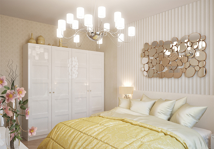 Маленькую спальню зрительно увеличат стены, оклеенные светлыми и с горизонтальными полосами обоями