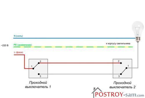 Схема подключения проходного выключателя света