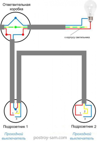 Схема подключения проходного выключателя света