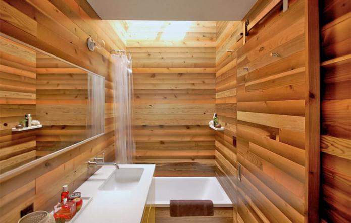ванная комната в современном стиле с отделкой под дерево