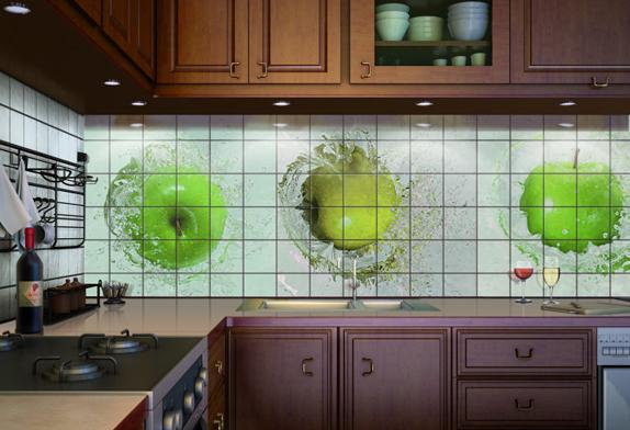серо-зеленый фартук и фотоплитка на кухню