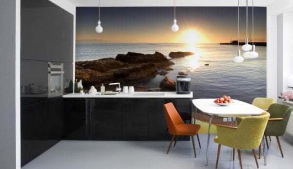 Фотообои с рисунком заката на море для кухни