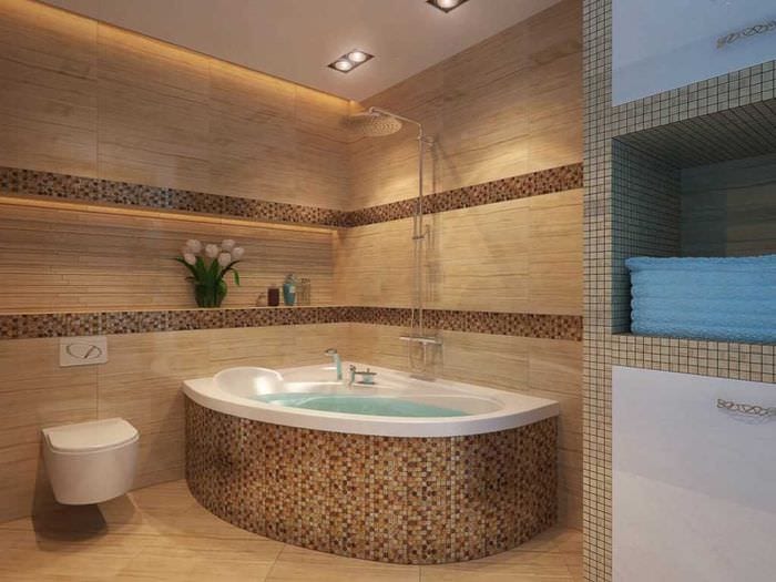 идея необычного дизайна ванной с угловой ванной