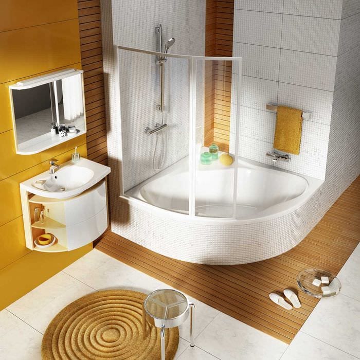 идея необычного стиля ванной с угловой ванной