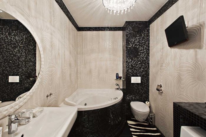 идея современного интерьера ванной с угловой ванной