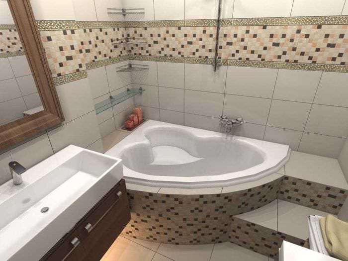 идея необычного дизайна ванной комнаты с угловой ванной