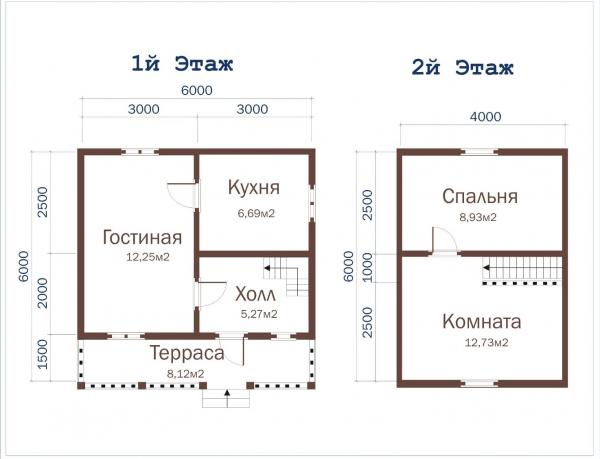 Планировка этажей уютного домика из бруса 6 на 6