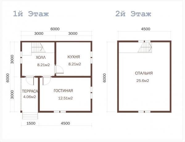 Планировка этажей коттеджа из бруса 6 на 6