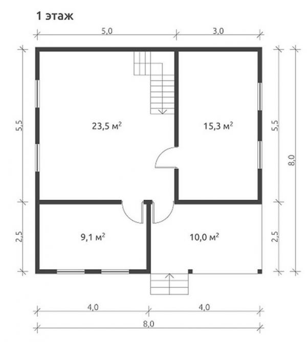 План 1 этажа простого дома 8 на 8