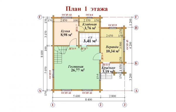 Планировка 1 этажа загородного деревянного дома 8 на 8