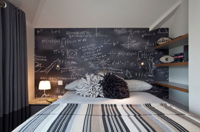 Интересный вариант для оформления стенки в спальне вашего сына, особенно если у него есть страсть к наукам