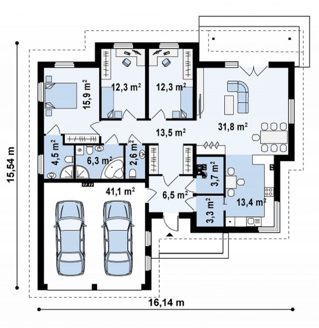 План одноэтажного дома с двумя гаражами