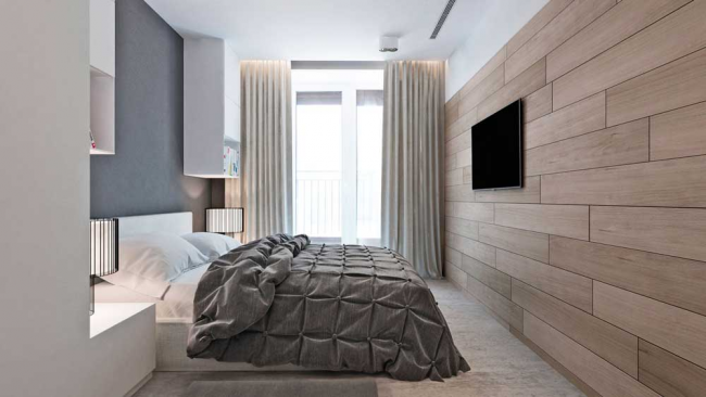 Современная светлая спальня с ламинатом на стене и ковролином на полу