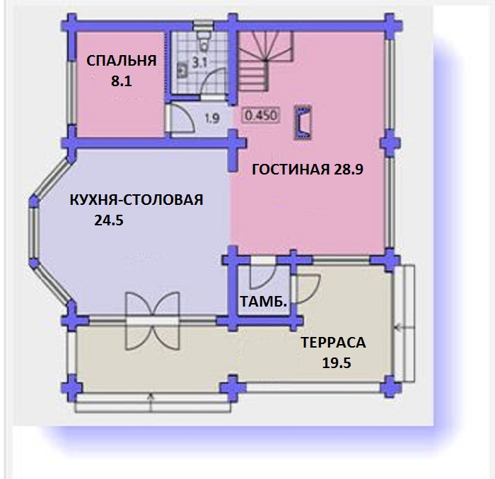 На плане изображен первый этаж коттеджа с размерами 12x12.