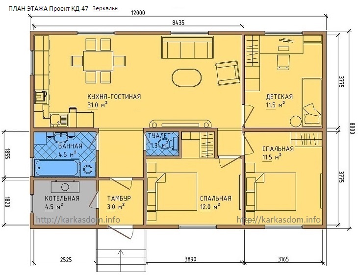 План каркасного дома 9х12м 96м/кв, Зеркальный вариант.