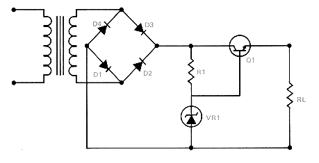 Схема последовательного стабилизатора, соединённого с мостовым выпрямителем