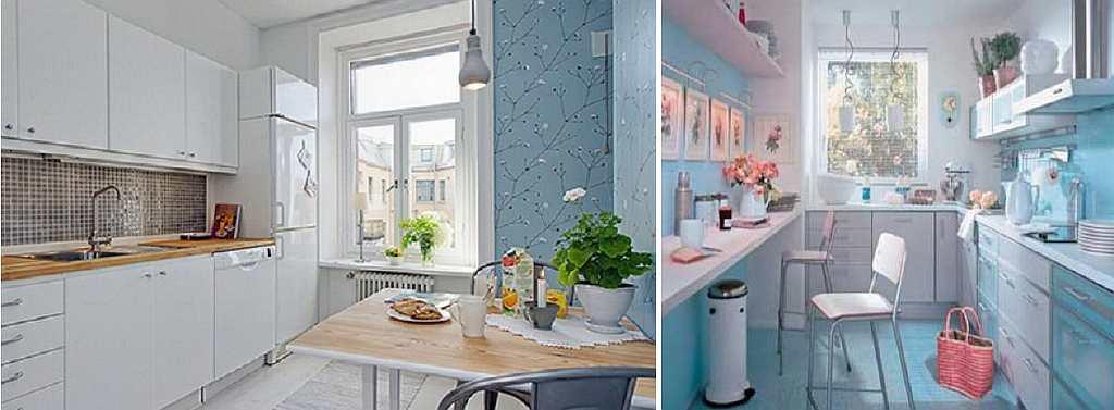 Голубые обои - идеальный вариант для небольшой кухни: они расширяют комнату и положительно влияют на психику человека