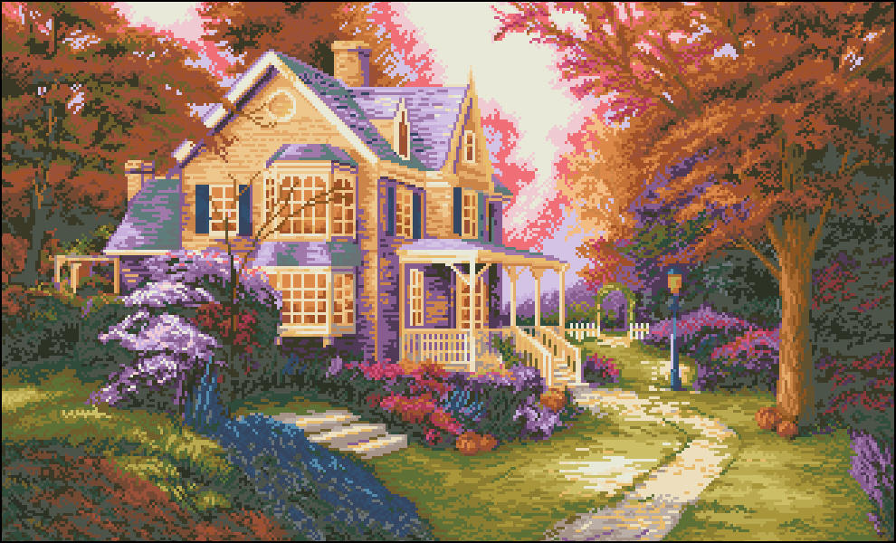 Наиболее популярным вариантом для вышивания является рисунок с небольшим уютным домиком на фоне лесного пейзажа