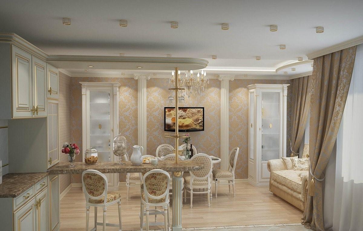 В кухне-гостиной, выполненной в неоклассическом стиле, должны преобладать светлые оттенки и предметы мебели, сделанные в классическом стиле 