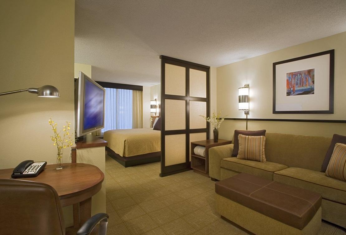 Если зал совмещен со спальней, то выполнить зонирование можно с помощью декоративной деревянной или гипсокартонной перегородки 