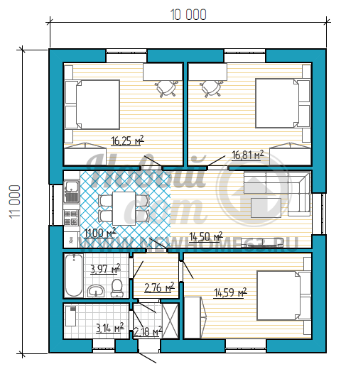 Планировка дома 10х11 м с общей зоной кухни-гостиной и тремя раздельными спальнями.