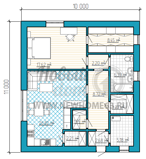 Планировка одноэтажного дома размером 11 на 10 метров с большой спальной комнатой, несколькими кладовыми и отдельной гардеробной комнатой