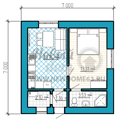 План небольшого загородного дома 7 на 7 метров с 2-мя комнатами