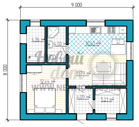Планировка дома 8 на 9 м для проживания 2-3 человек с одной спальной, большим гардеробом, общей кухней-гостиной.