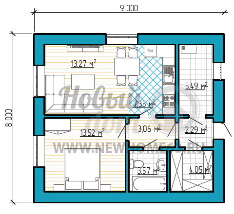 Планировка частного коттеджа размером 8 на 9 метров с небольшой зоной кухни и гостиной, одной спальной