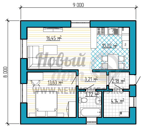 Планировка дома 8 на 9 с одной отдельной спальной, небольшой кухней-столовой, соединенной с зоной гостиной. 