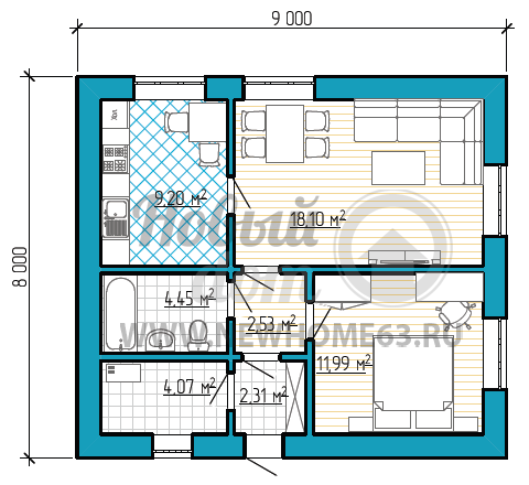 Планировка небольшого загородного дома 8 на 9 метров с отдельной кухней, просторной гостиной и небольшой спальной.