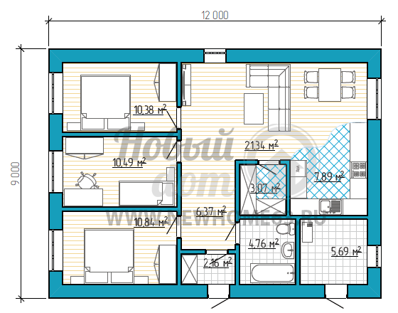 Планировка коттеджа 100 квадратных метров с тремя небольшими спальными, просторной зоной гостиной и удобным расположением кухонного гарнитура. 