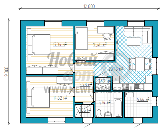 План загородного дома 9х12 с двумя просторными спальными и кабинетом