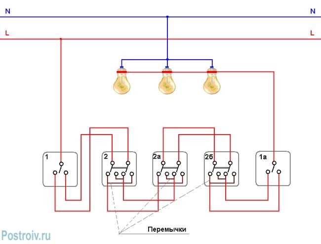Подключение трехклавишного проходного выключателя - схема - Фото