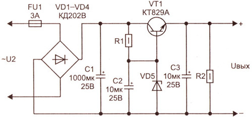 Стабилизатор напряжений 5; 6; 9; 12; 15 вольт 30 ватт на КТ829