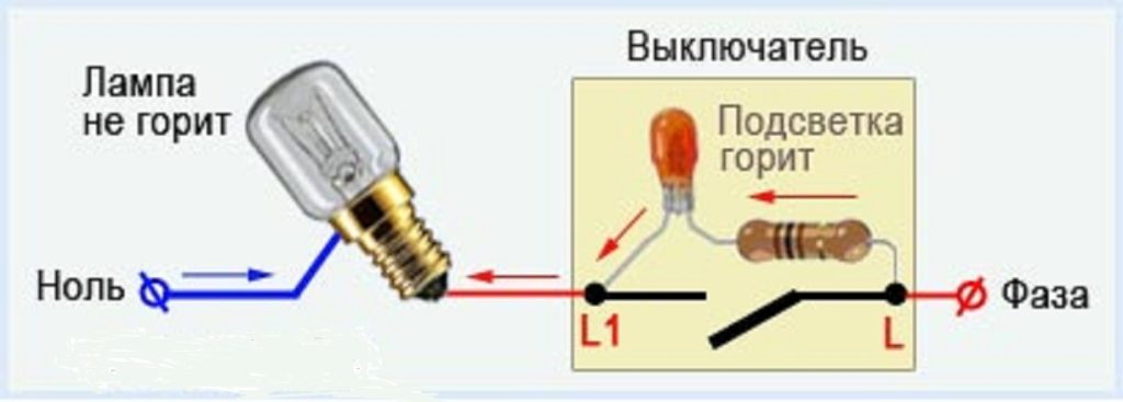 Схема работы подсветки в выключателе