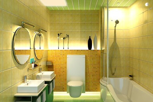 Первый вариант организация пространства ванной комнаты при помощи отделки