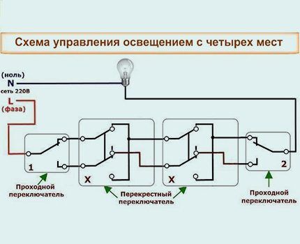 Схема установки переключателя из 4 мест