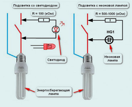 Схемы выключателей с светодиодом и неоновой лампой