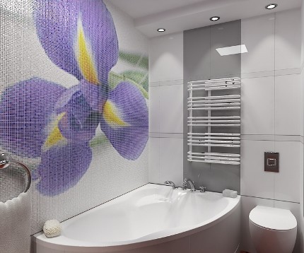 Бело-серая ванная с ярким мозаичным акцентом