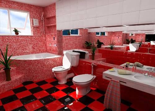 Интерьер ванной комнаты в красном цвете
