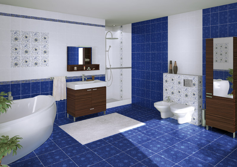 Керамическая плитка в сине белой ванной комнате