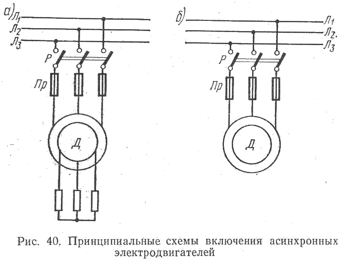 Принципиальные схемы включения асинхронных электродвигателей