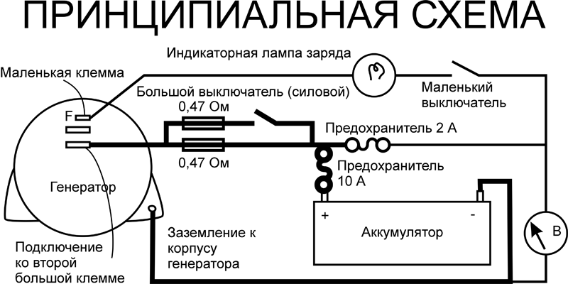 Принципиальная электрическая схема велогенератора на основе автомобильного генератора