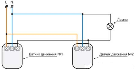 схема подключения светодиодного прожектора с двумя датчиками движения