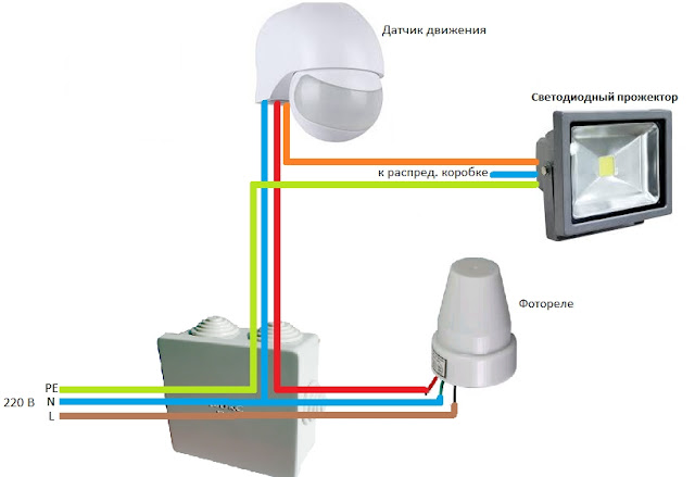схема подключения прожектора с датчиком движения и освещенности (фотореле)