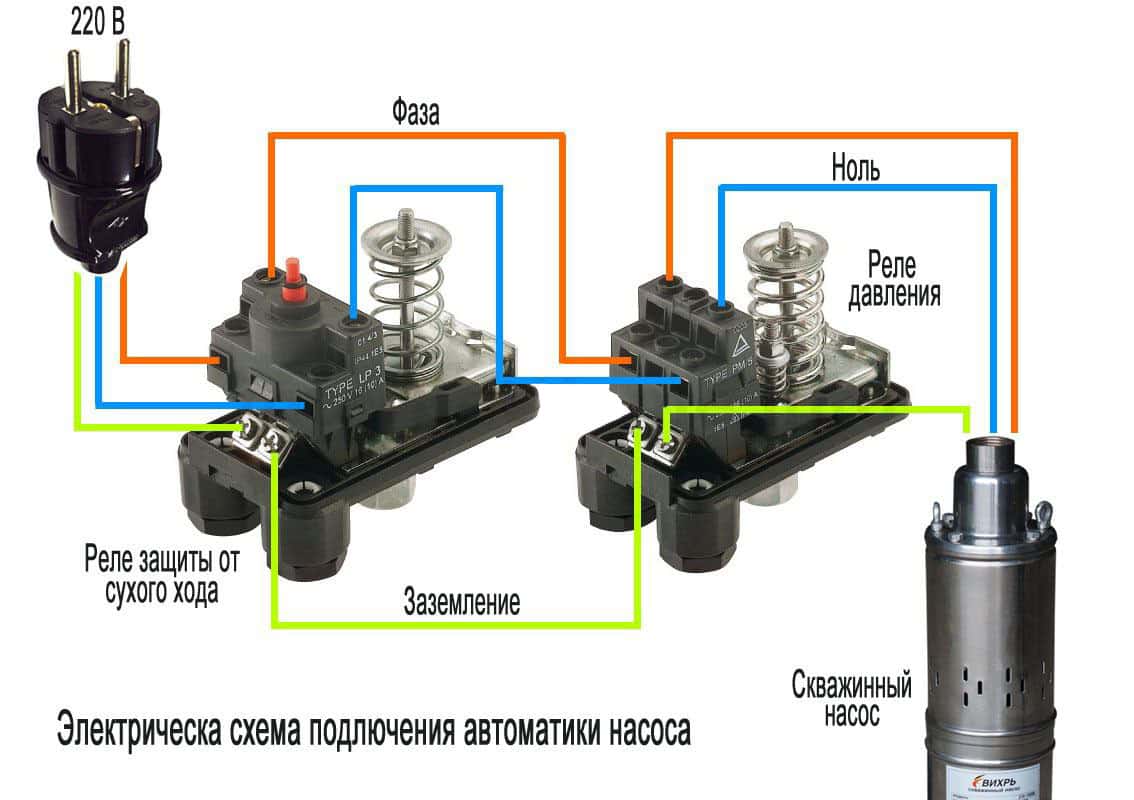 Электрическая схема подключения реле защиты от сухого хода