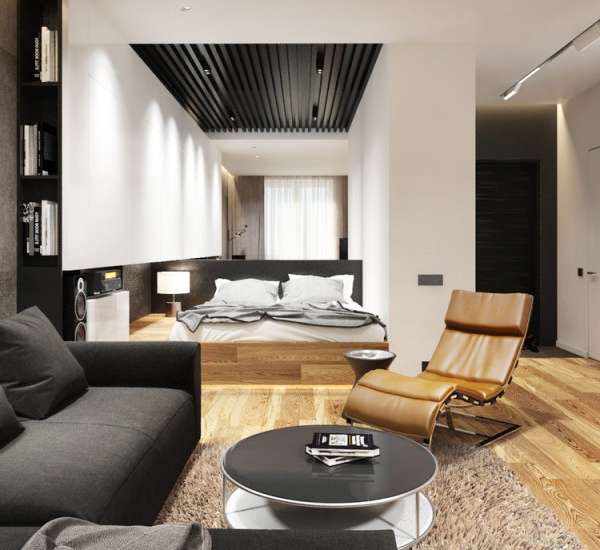 Сочетание черного, белого и коричневого в интерьере однокомнатной квартиры