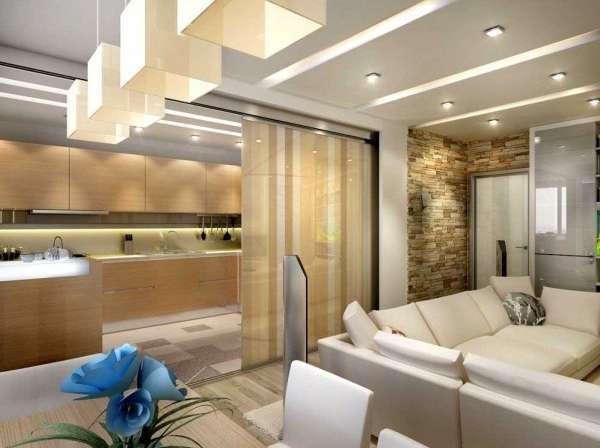 Дизайн интерьера однокомнатной квартиры студии - фото кухни гостиной
